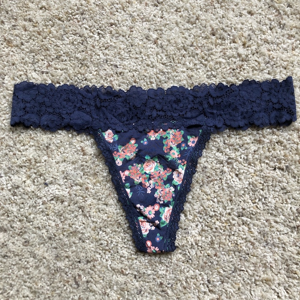 Aerie Shine Floral and Navy Blue Lace Thong Size L